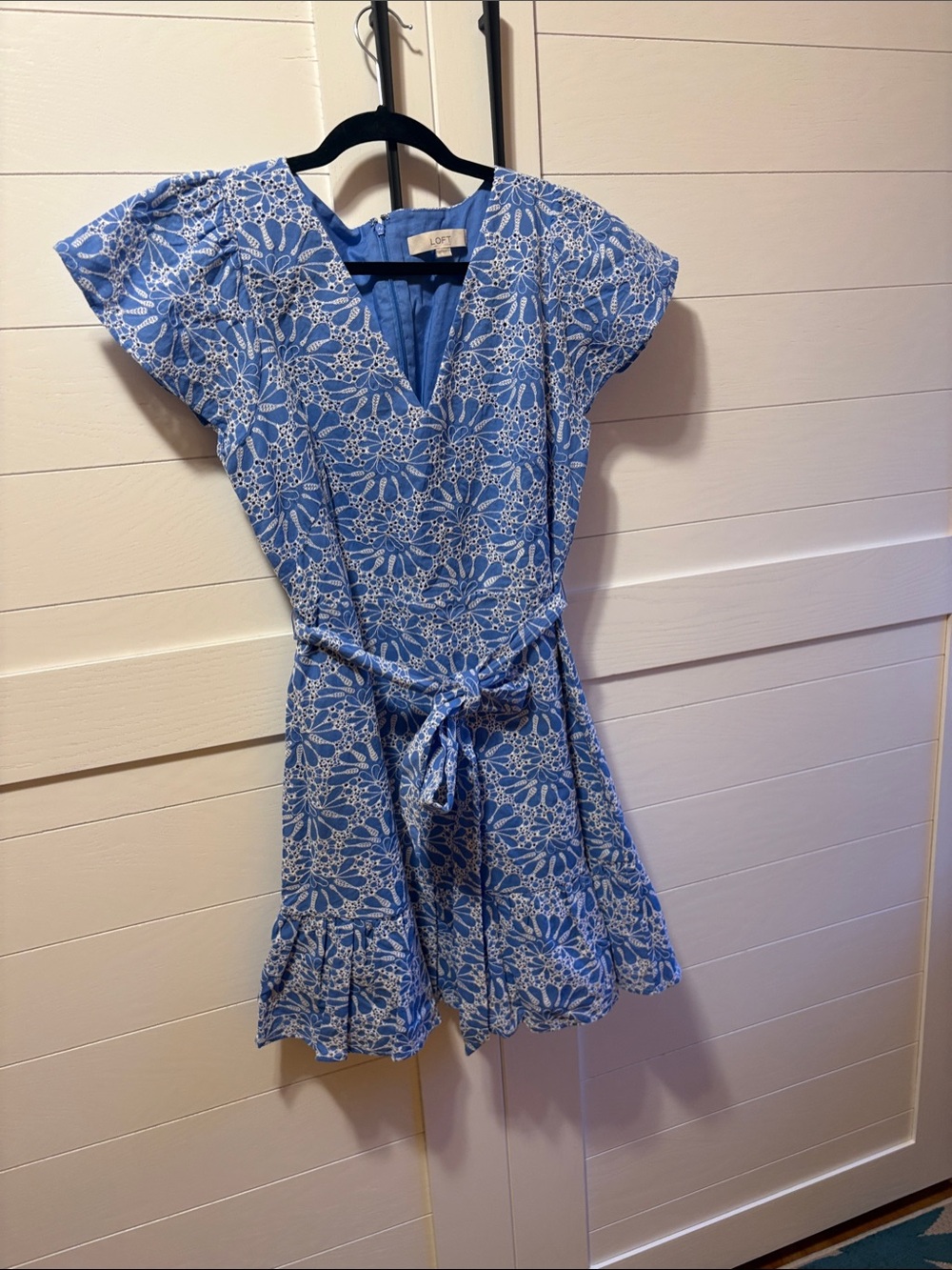 LOFT Blue Floral V-Neck Tie-Waist Romper